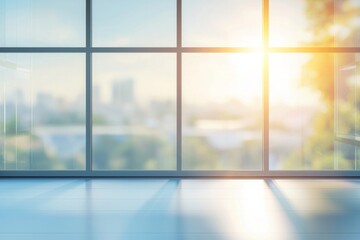 Fototapeta premium Blurred glass window interior background with sunlight shining through the windows. Blurry office or business center scene with large panoramic windows and a view of the natural landscape outside. 