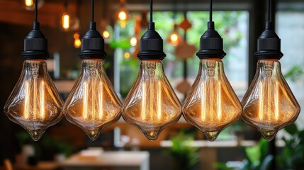 Obraz premium Vintage edison bulbs hanging in cozy cafe interior with greenery