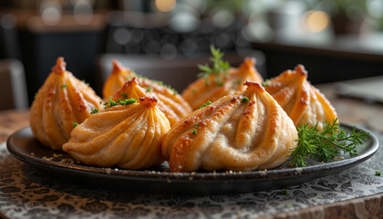 Savory briouats displayed in moody caf&eacute;, fine dining concept