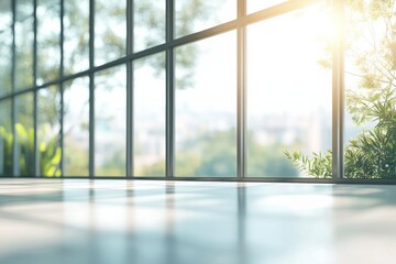Fototapeta premium Blurred glass window interior background with sunlight shining through the windows. Blurry office or business center scene with large panoramic windows and a view of the natural landscape outside. 