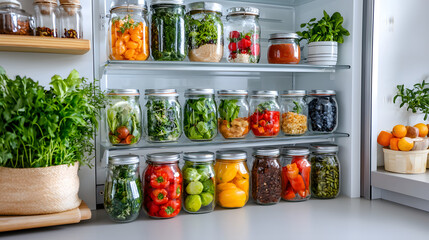 Organized Refrigerator with Glass Jars: A well-organized refrigerator showcasing various vegetables and other food items neatly stored in glass jars.