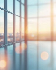 Fototapeta premium Blurred glass window interior background with sunlight shining through the windows. Blurry office or business center scene with large panoramic windows and a view of the natural landscape outside. 