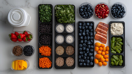 Balanced Meal Prep: A vibrant and visually appealing spread of fresh and healthy ingredients, meticulously arranged in meal prep containers for a nutritious and delicious week.  