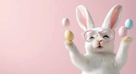 Obraz premium Joyful White Bunny Juggling Easter Eggs on Pink Background for Happy Easter Concept