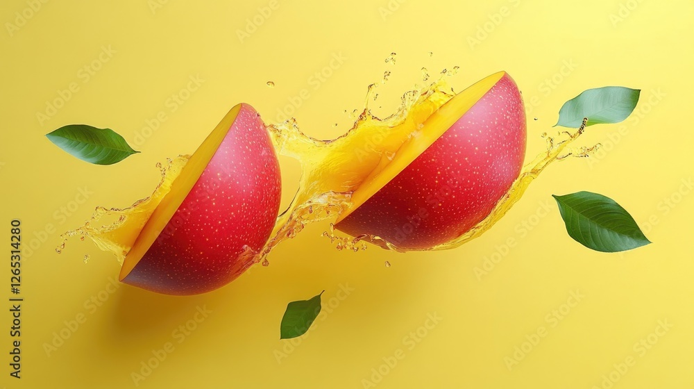 Poster floating mango halves splashed with juice and leaves on yellow background
