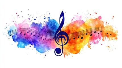 Colorful musical notes on artistic watercolor background with g clef