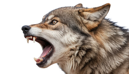 Fototapeta premium A wolf howling with open mouth and sharp fangs isolated on white background. 
