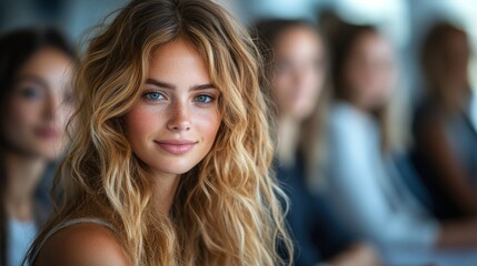 A young woman showcases her radiant smile amidst friends in a lively atmosphere