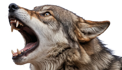 Fototapeta premium A wolf howling with open mouth and sharp fangs isolated on white background. 