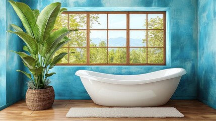 Fototapeta premium Elegant bathroom with white bathtub and large green plant by scenic window