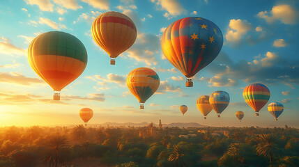 Obraz premium Breathtaking Sunset Adventure With Colorful Hot Air Balloons Drifting Over Lush Landscape