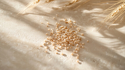 A handful of golden wheat grains scattered on a table