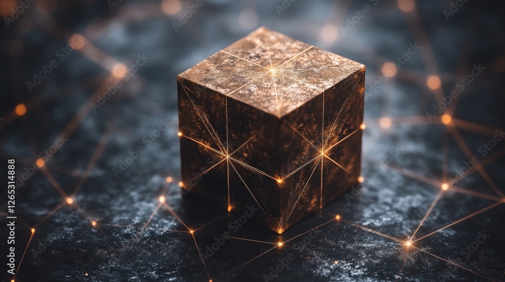 Aufkleber glowing geometric cube with sparkling network on metallic surface