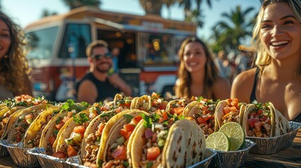 Vibrant Outdoor Taco Feast with Friends Enjoying Delicious Food at a Food Truck Event in a Tropical Setting