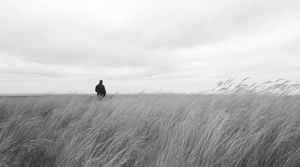 Fototapeta premium Solitary figure walking through tall grass under a cloudy sky