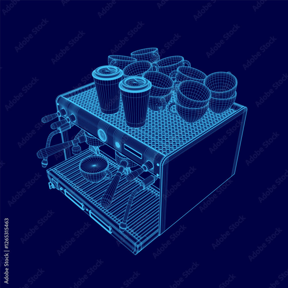 Poster a blue image of a coffee machine with cups and other items on top of it. the image is stylized and h