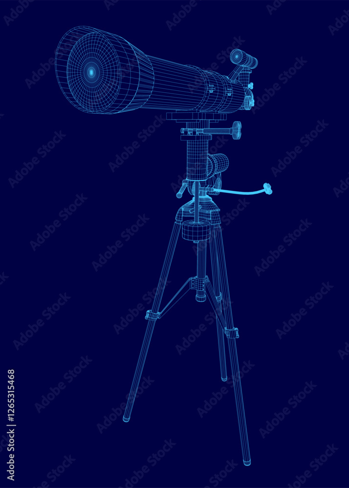 Aufkleber a blue drawing of a telescope. the drawing is in a 3d format and is very detailed. the telescope is 
