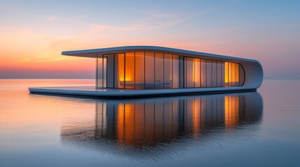 A modern structure glows softly beside tranquil waters
