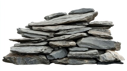 Gray slate stones pile isolated, nature background, landscaping material