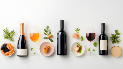 variety of wines displayed alongside small plates of food, showcasing elegant arrangement of flavors and colors. Perfect for sophisticated gathering or celebration