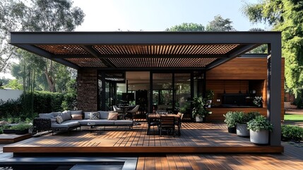 Obraz premium Stylish outdoor deck shaded by a modern pergola, enhancing comfort and reducing heat with copy space