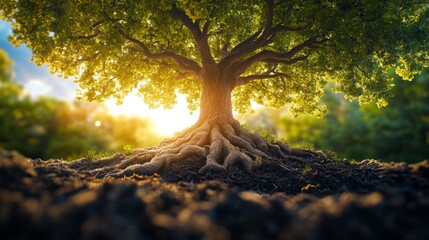 A grand tree shows its roots beneath a glowing sunset sky