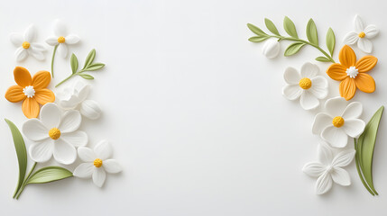 vibrant arrangement of spring flowers, featuring white and orange blooms, surrounded by green leaves, creating fresh and cheerful atmosphere