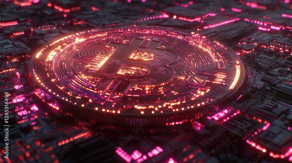 Poster glowing bitcoin symbol on circuit board representing digital cryptocurrency network