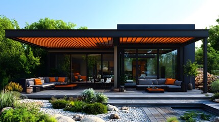 Obraz premium Rooftop terrace with a stylish pergola, maximizing shade and airflow with copy space