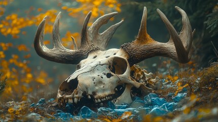 An ancient moose skull lying among colorful foliage and blue debris
