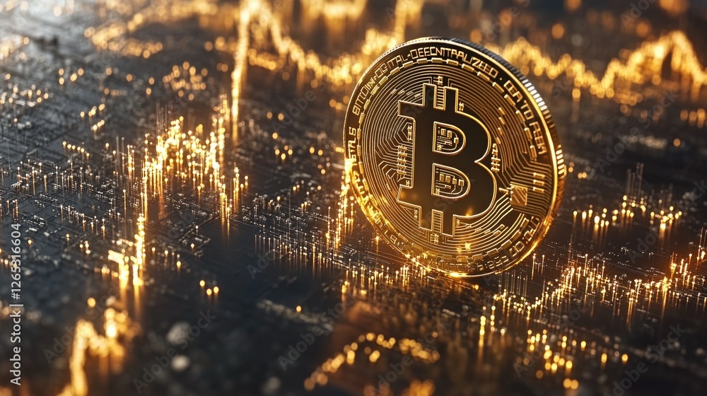 Poster golden bitcoin coin on pulsating financial chart reflecting cryptocurrency market dynamics