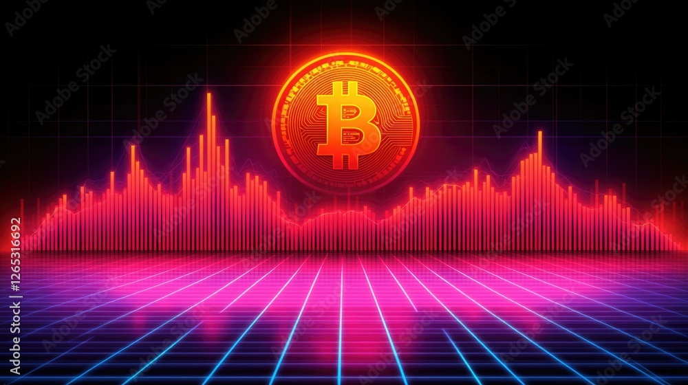 Poster glowing bitcoin cryptocurrency with graph on digital grid background