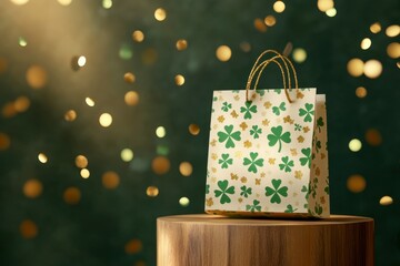 Happy St. Patrickâ€™s Day Background, Shamrock-patterned gift bag placed on a wooden podium, illuminated by soft golden bokeh lights with scattered confetti in shades of green and gold, cinematic