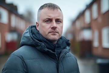 Obraz premium Man stands outdoors in a residential area on a cloudy day, dressed warmly in a puffer jacket with a serious expression