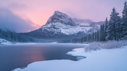 Winter sunrise, mountain lake, snowy landscape, serenity