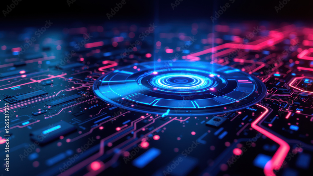 Poster advanced tech graphic with circular center, blue and pink neon circuitry, illustrating devops concep