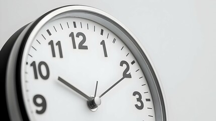 Close Up of a White Analog Clock with Black Hands on a Light Grey Wall