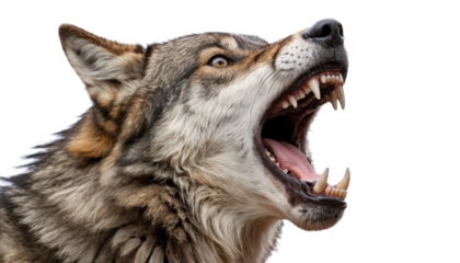 A wolf howling with open mouth and sharp fangs isolated on transparent background. 