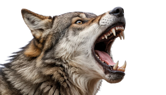 A wolf howling with open mouth and sharp fangs isolated on transparent background. 