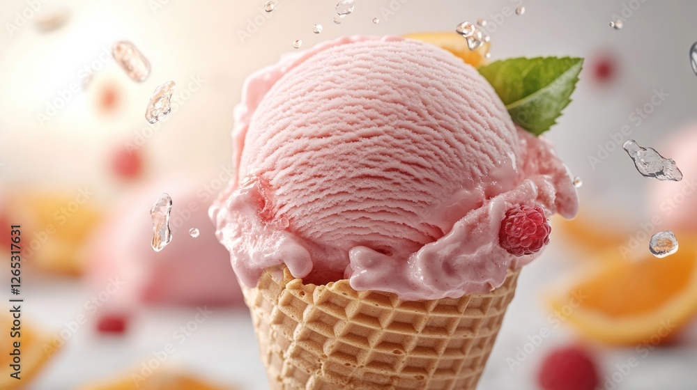 Poster close-up of raspberry ice cream cone with fresh oranges and raspberries
