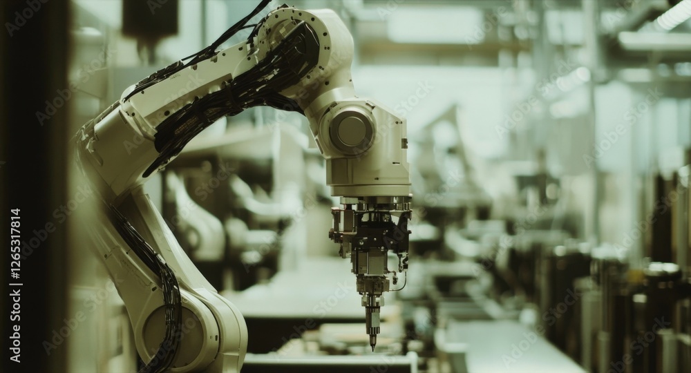 Poster robotic arm working with precision and speed in a modern automated factory, processing metal compone