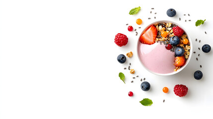 vibrant smoothie bowl topped with granola, fresh berries, and mint leaves, creating colorful and healthy breakfast option