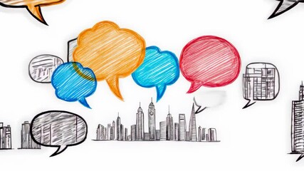 Language Exchange Meetup Invitation Featuring Illustrated Speech Bubbles Above City Skyline for Communication and Networking Events