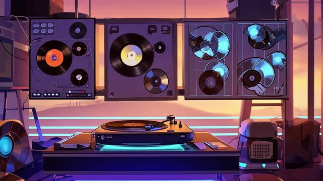A room vinyl records and a turntable. sunset, stream starting soon screen, overlay loop, animated virtual backgrounds, vtuber asset twitch zoom OBS, manga anime chill hip hop 4k music Animation video