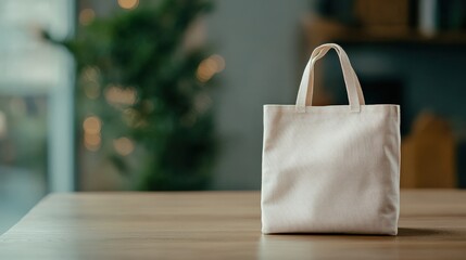 White Canvas Tote Bag on Wooden Table with Blurred Background