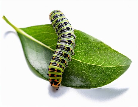 close up of european privet leaf rolled by rose tortrix caterpillar on white