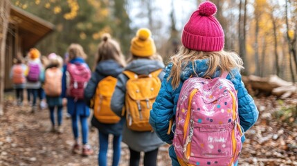 Children hiking in autumn forest with colorful backpacks