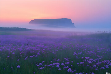 Purple Flower Field At Sunrise With Misty Morning Landscape