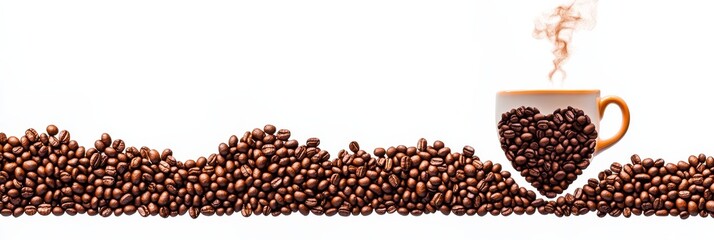 Naklejka premium Steaming Coffee Cup Forming a Heart Shape Outlined with Coffee Beans on White Background