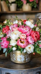 Luxurious Pink and White Peony Bouquet in Gold Vase